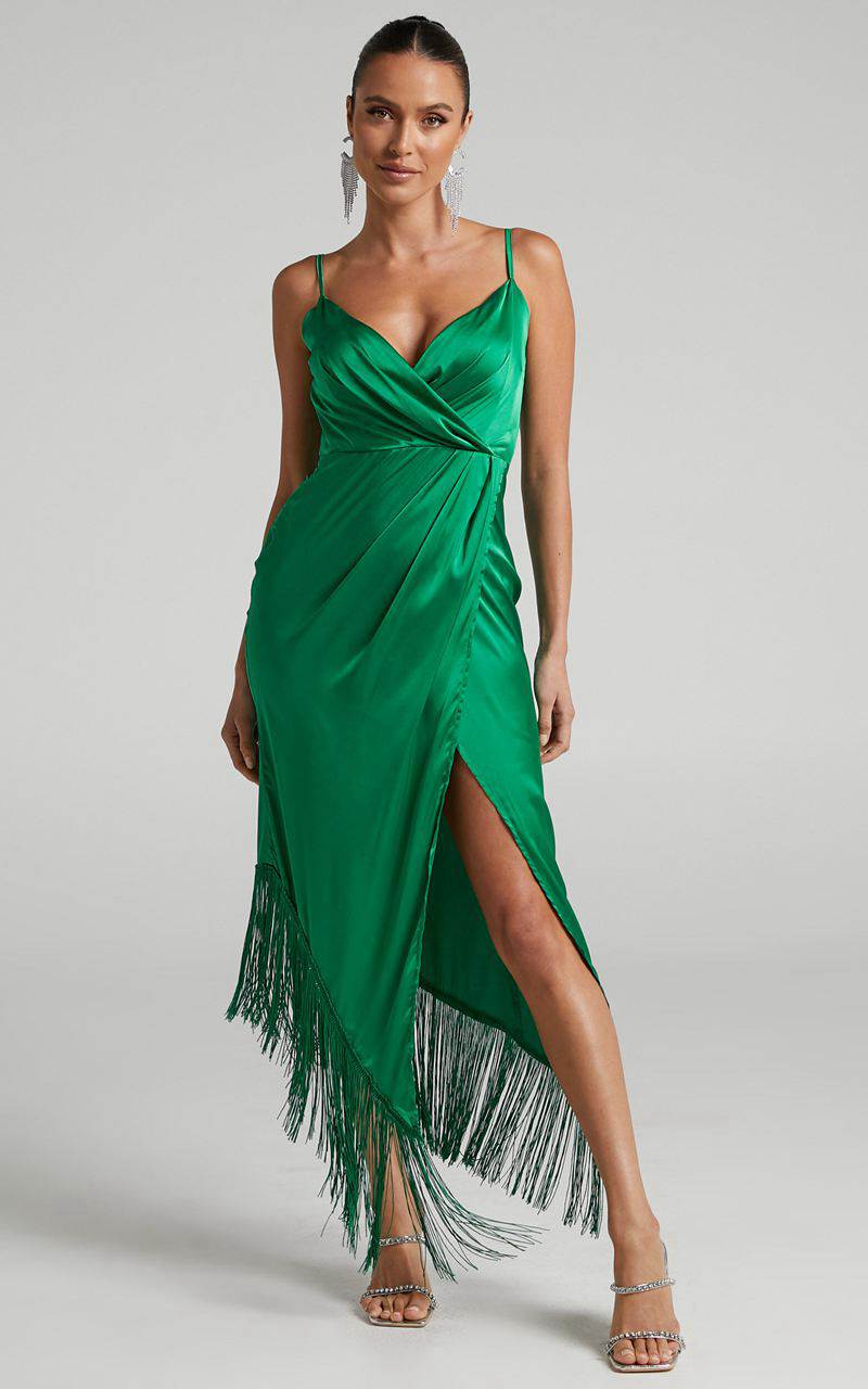 Showpo Rholie Midi Dress - Plunge Neck Fringe Hem Fixed Wrap Dress Emerald | EPZSFO285