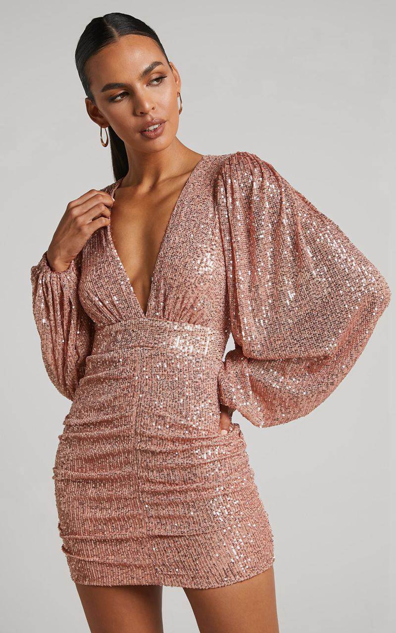 Showpo Rhylee Mini Dress - Long Sleeve Ruched Dress Rose Gold | NBZFSU569