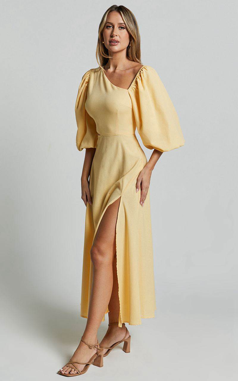 Showpo Rhyne Midi Dress - Asymmetric Puff Sleeve Side Cut Out A Line Dress Lemon | GQAOXL579