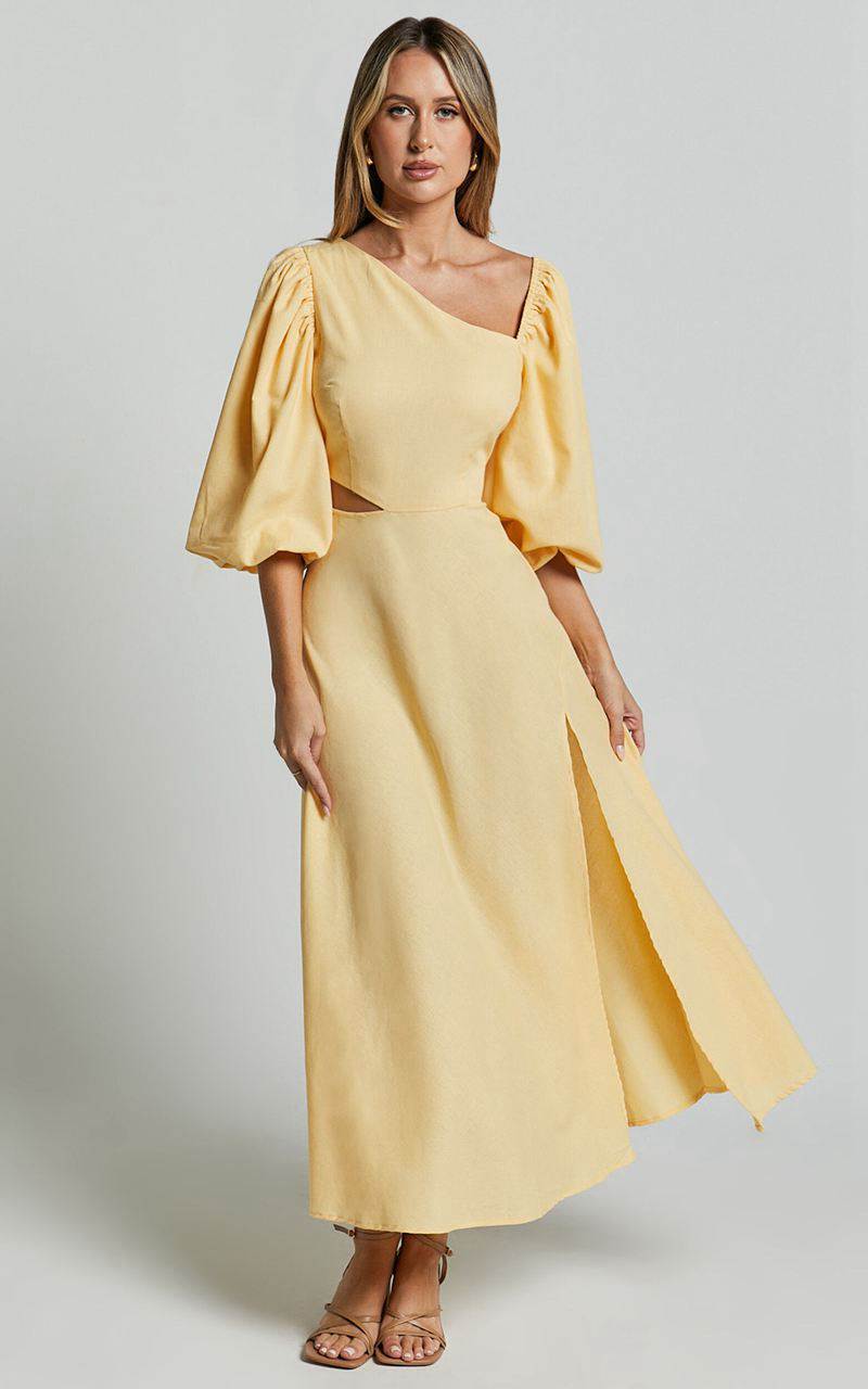 Showpo Rhyne Midi Dress - Asymmetric Puff Sleeve Side Cut Out A Line Dress Lemon | GQAOXL579