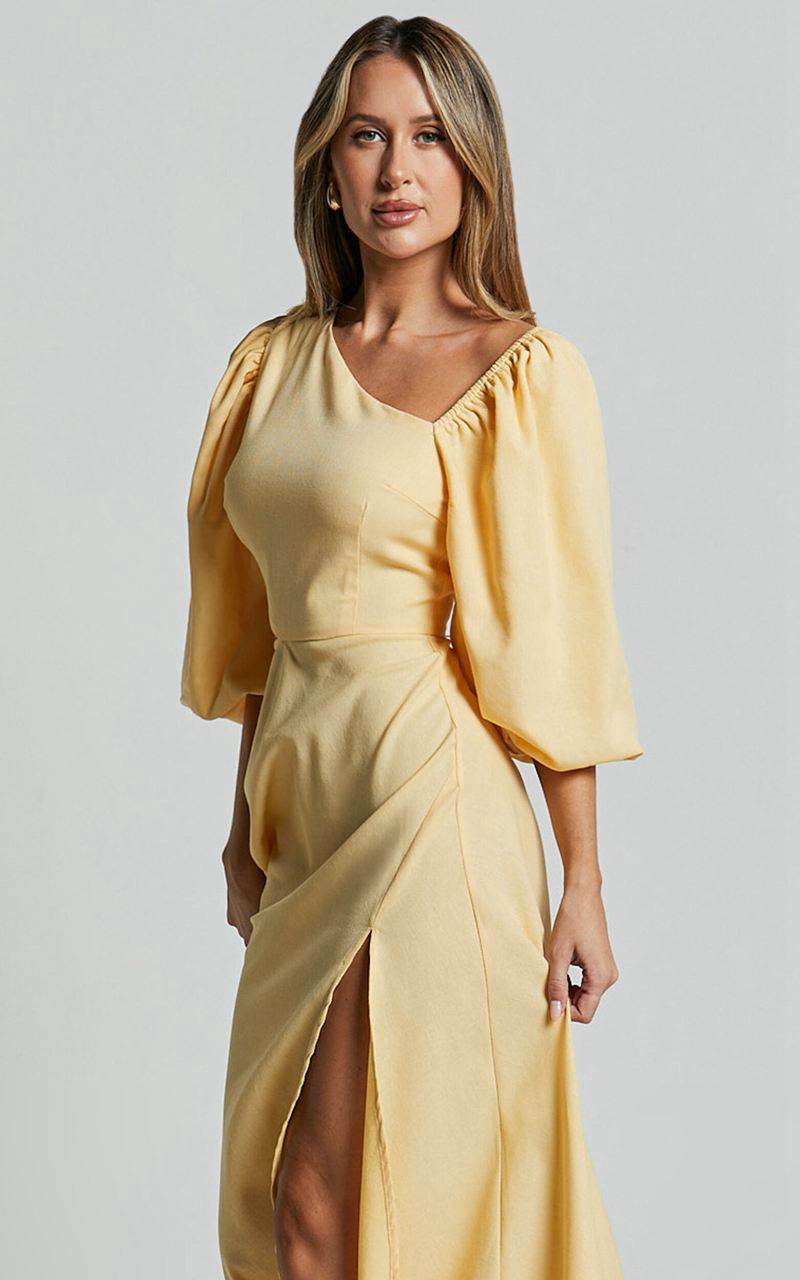 Showpo Rhyne Midi Dress - Asymmetric Puff Sleeve Side Cut Out A Line Dress Lemon | GQAOXL579