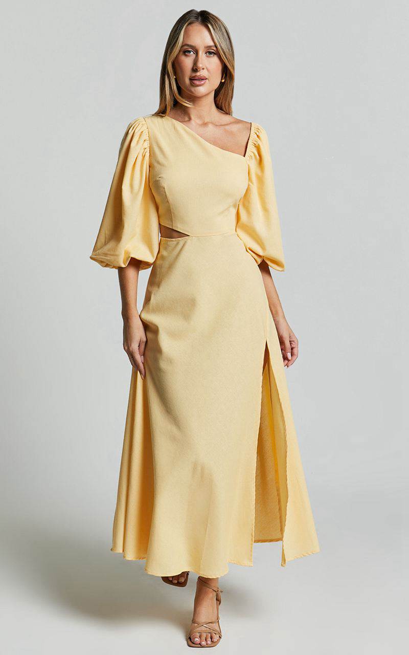 Showpo Rhyne Midi Dress - Asymmetric Puff Sleeve Side Cut Out A Line Dress Lemon | GQAOXL579