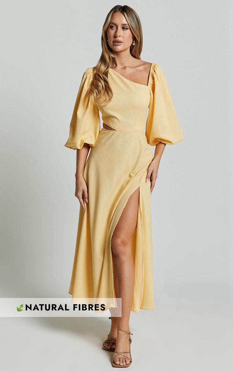 Showpo Rhyne Midi Dress - Asymmetric Puff Sleeve Side Cut Out A Line Dress Lemon | GQAOXL579