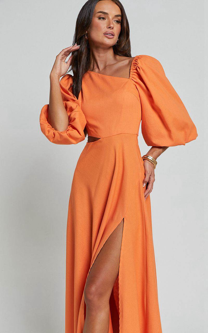 Showpo Rhyne Midi Dress - Asymmetric Puff Sleeve Side Cut Out A Line Dress Papaya | TSYBNG847