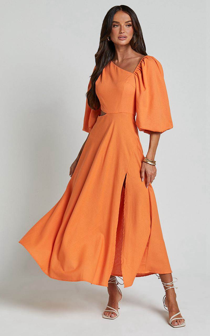 Showpo Rhyne Midi Dress - Asymmetric Puff Sleeve Side Cut Out A Line Dress Papaya | TSYBNG847