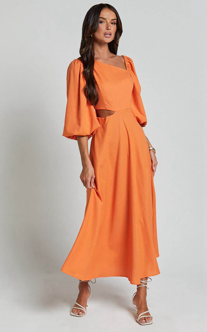 Showpo Rhyne Midi Dress - Asymmetric Puff Sleeve Side Cut Out A Line Dress Papaya | TSYBNG847