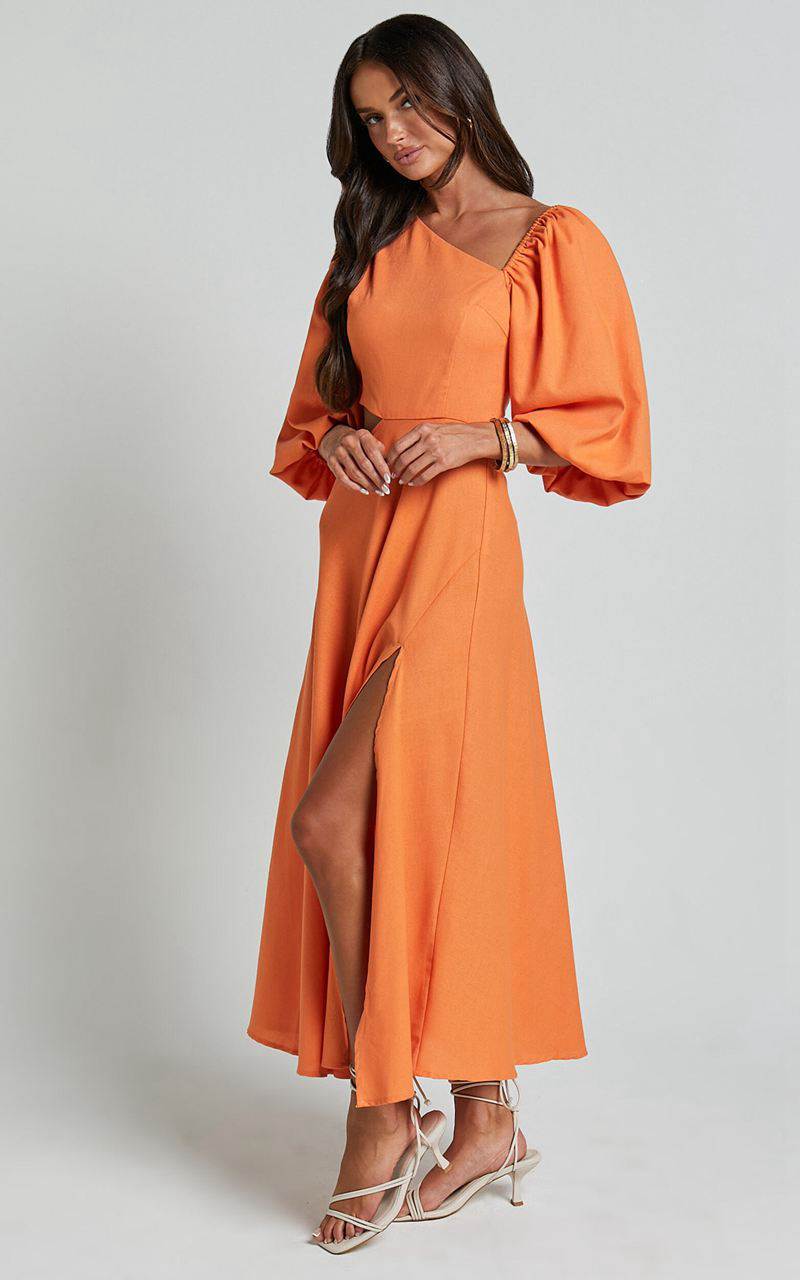 Showpo Rhyne Midi Dress - Asymmetric Puff Sleeve Side Cut Out A Line Dress Papaya | TSYBNG847