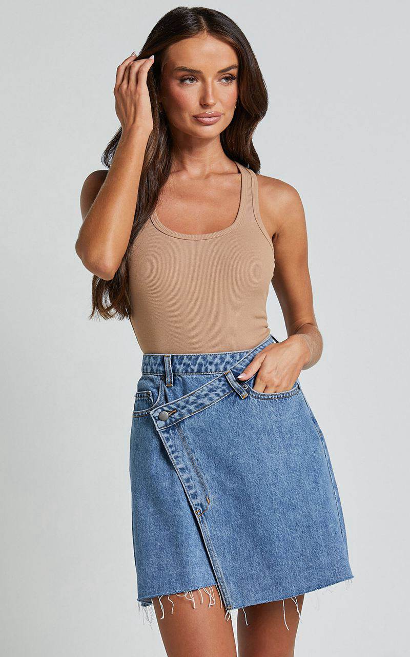 Showpo Rihanna Skirt - High Waisted Asymmetrical Denim Skirt Mid Blue Wash | EDYVKA708