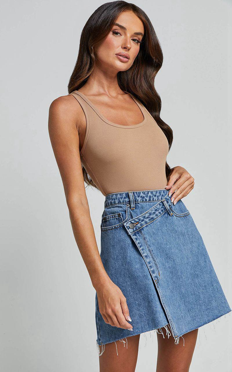 Showpo Rihanna Skirt - High Waisted Asymmetrical Denim Skirt Mid Blue Wash | EDYVKA708