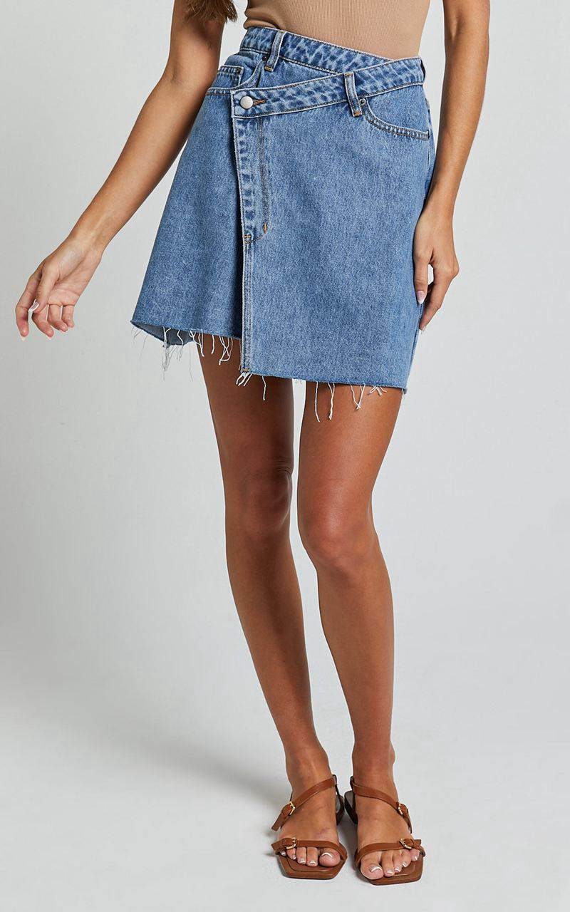 Showpo Rihanna Skirt - High Waisted Asymmetrical Denim Skirt Mid Blue Wash | EDYVKA708