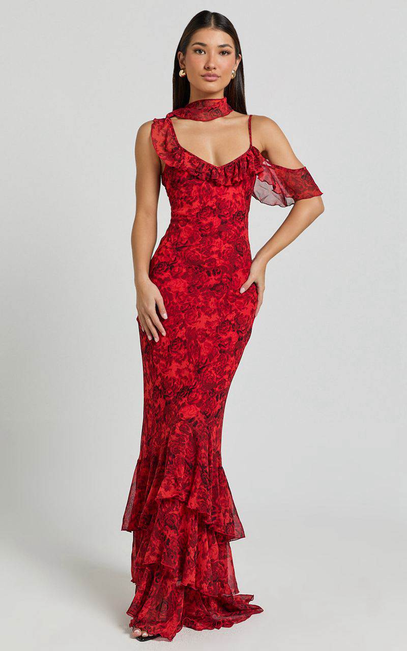 Showpo Riley Maxi Dress - Asymmetric Ruffle Detail Maxi Dress Red Rose Print | YPOGXL620