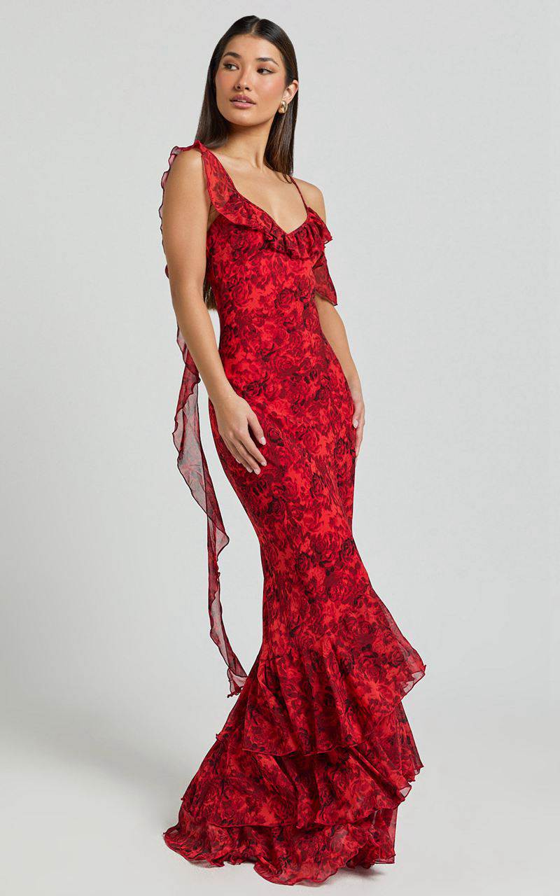 Showpo Riley Maxi Dress - Asymmetric Ruffle Detail Maxi Dress Red Rose Print | YPOGXL620