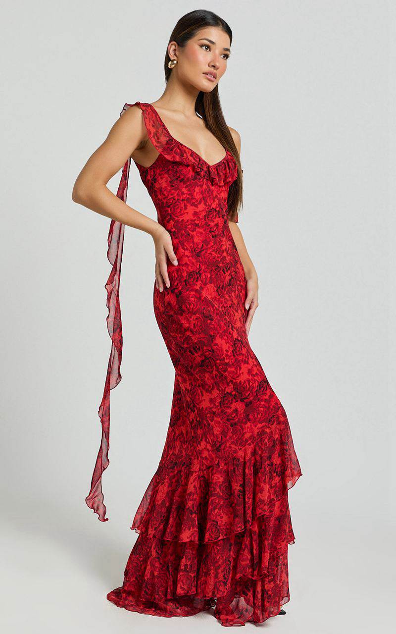 Showpo Riley Maxi Dress - Asymmetric Ruffle Detail Maxi Dress Red Rose Print | YPOGXL620