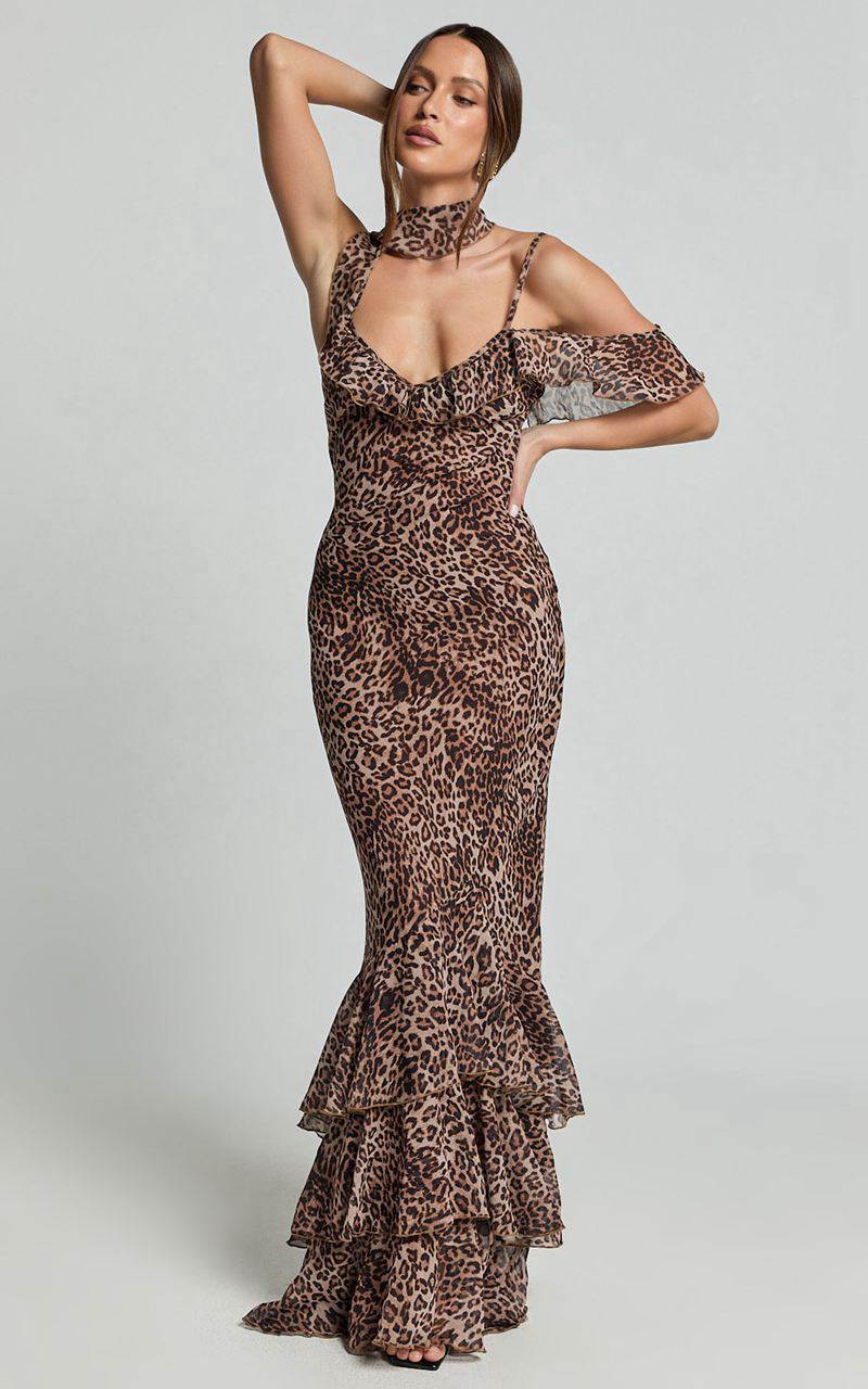 Showpo Riley Maxi Dress - Asymmetric Ruffle Detail Maxi Dress Tonal Leopard | ZPDLYR192