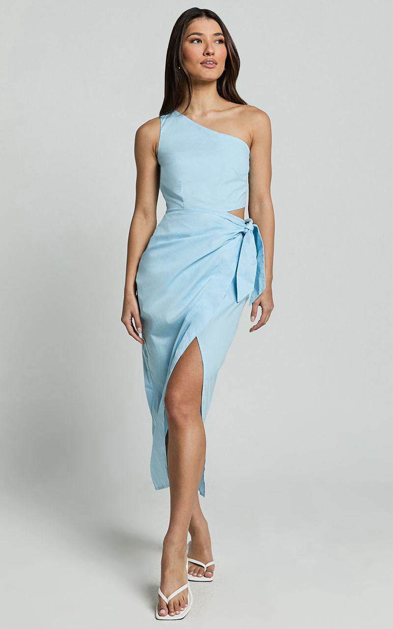 Showpo Rina Midi Dress - One Shoulder Side Cut Out Wrap Dress Blue | ZRCEPO158