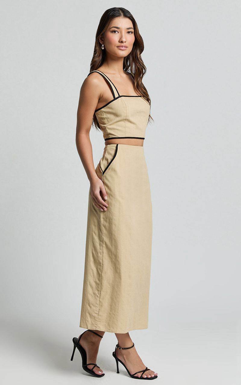 Showpo Rita Two Piece Set - Linen Look Contrast Crop Top And Pencil Midi Skirt Set Sand Black | CLYXZP360