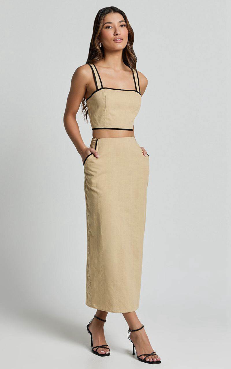 Showpo Rita Two Piece Set - Linen Look Contrast Crop Top And Pencil Midi Skirt Set Sand Black | CLYXZP360