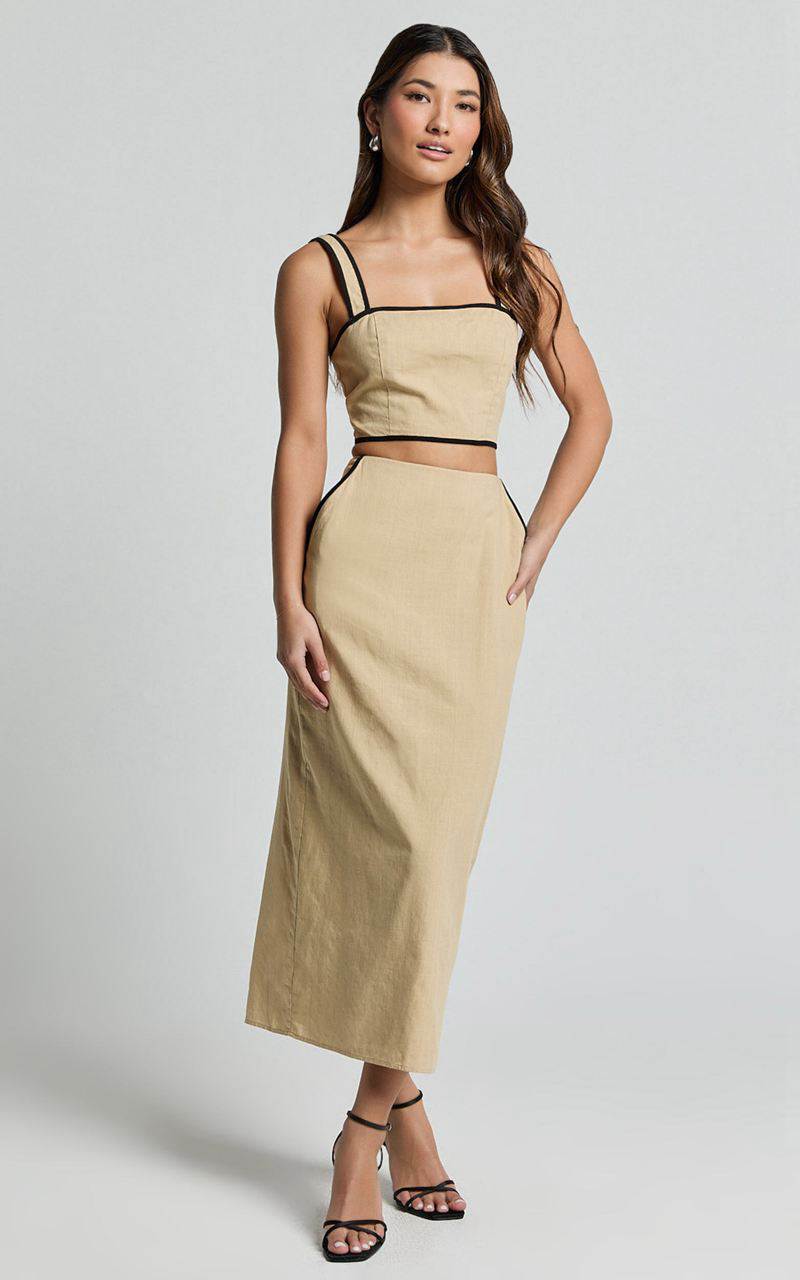 Showpo Rita Two Piece Set - Linen Look Contrast Crop Top And Pencil Midi Skirt Set Sand Black | CLYXZP360