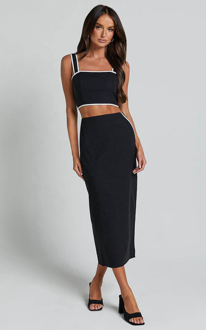 Showpo Rita Two Piece Set - Linen Look Contrast Crop Top And Pencil Midi Skirt Set Black | SULOPR829