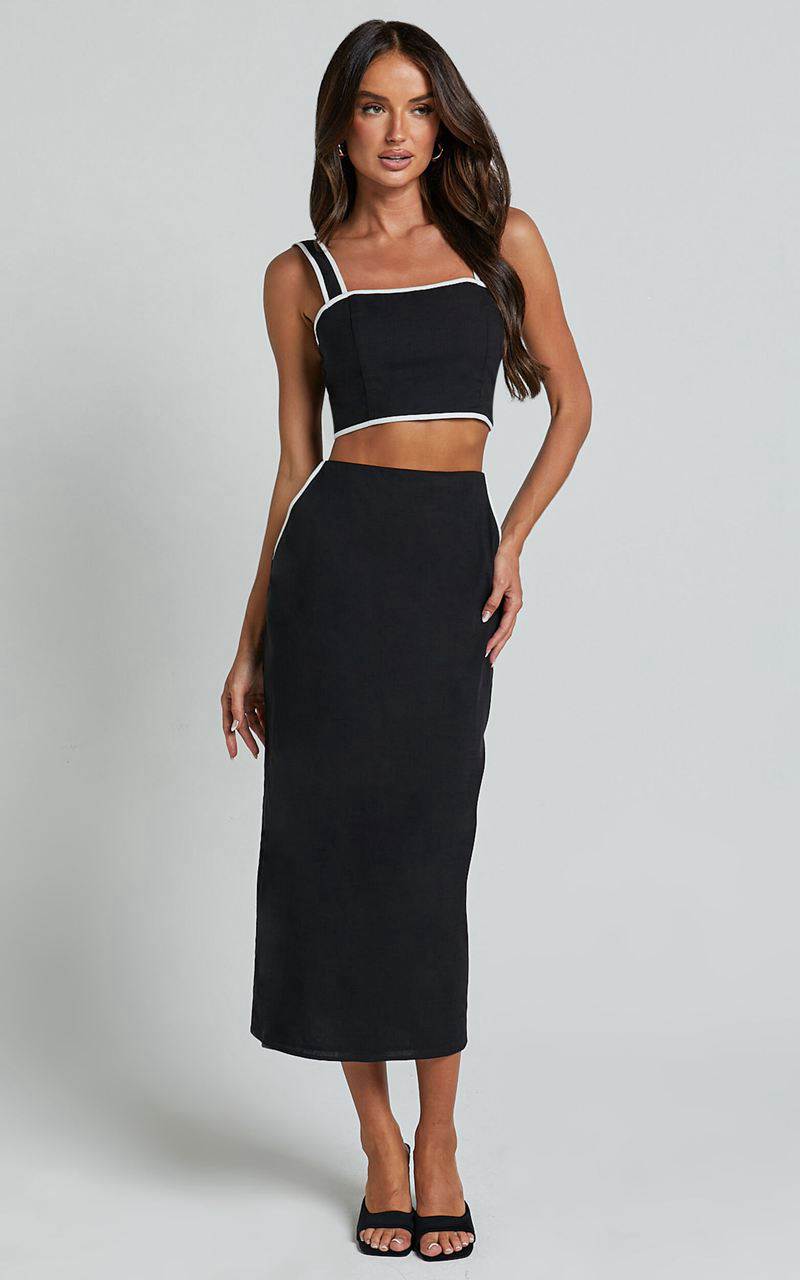 Showpo Rita Two Piece Set - Linen Look Contrast Crop Top And Pencil Midi Skirt Set Black | SULOPR829