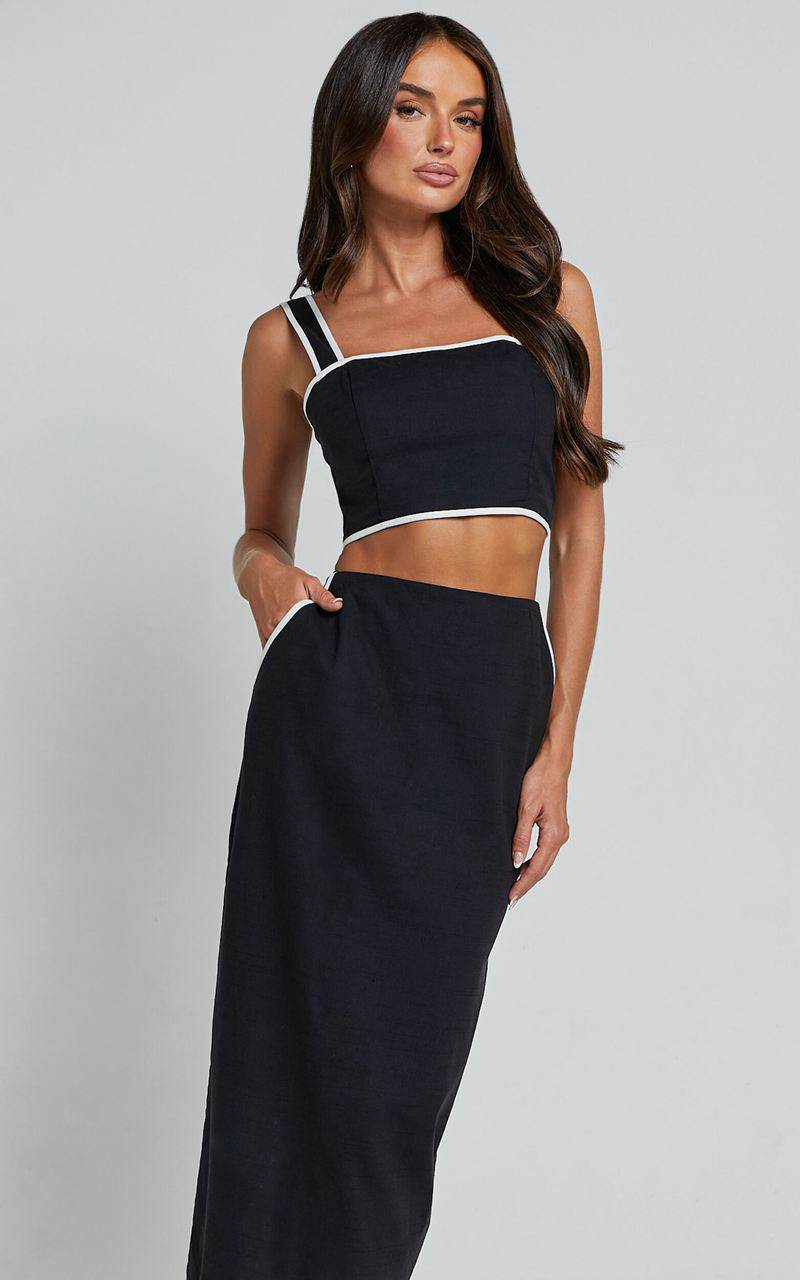 Showpo Rita Two Piece Set - Linen Look Contrast Crop Top And Pencil Midi Skirt Set Black | SULOPR829