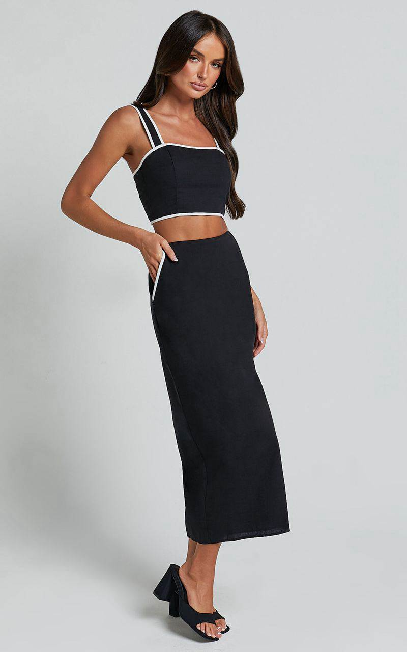 Showpo Rita Two Piece Set - Linen Look Contrast Crop Top And Pencil Midi Skirt Set Black | SULOPR829