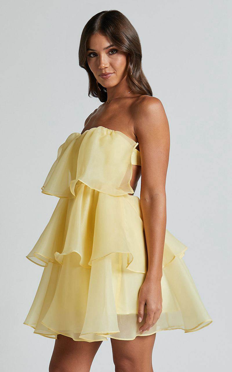 Showpo Ritta Mini Dress - Strapless Layered Dress Yellow | DMSYBL840