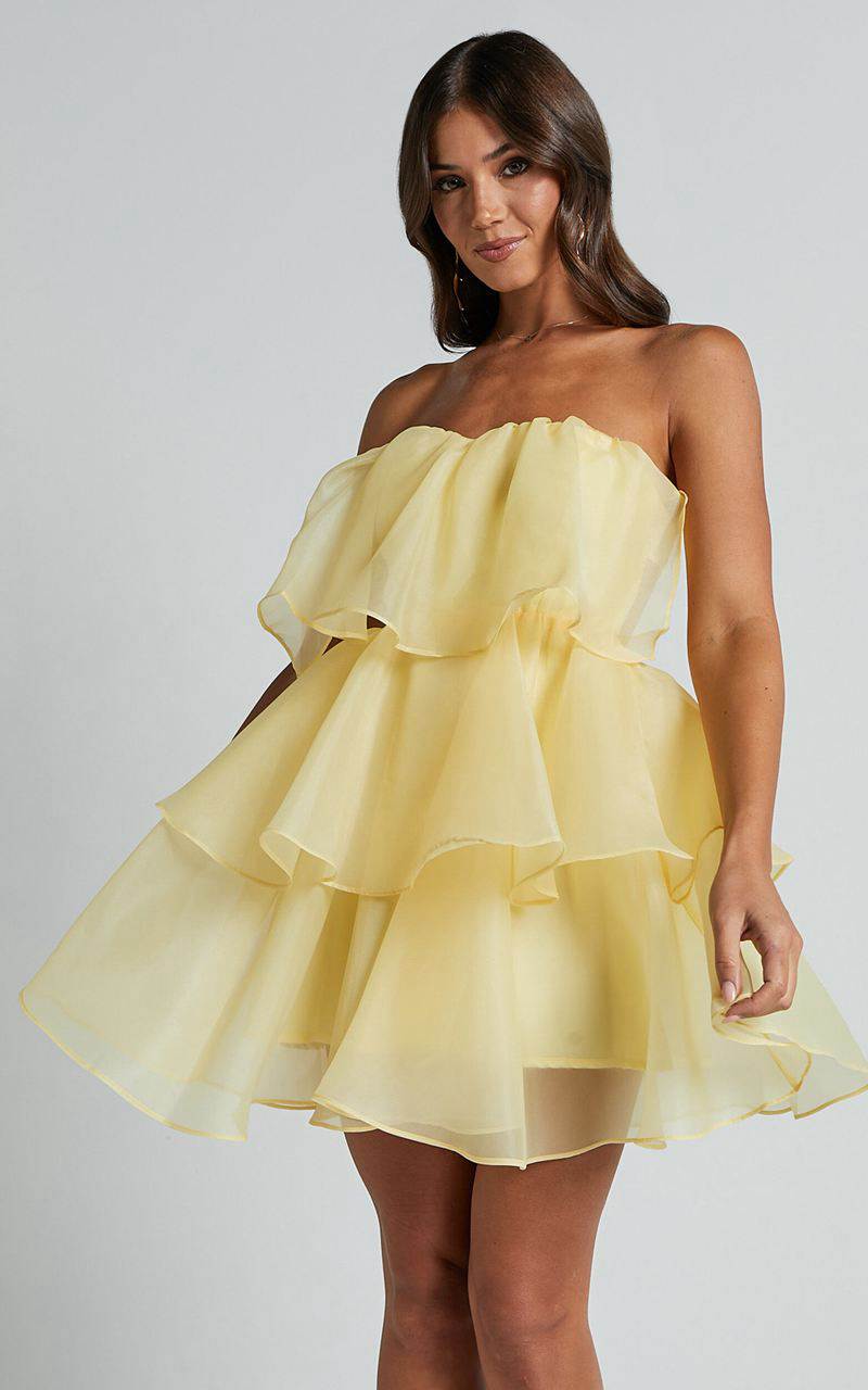 Showpo Ritta Mini Dress - Strapless Layered Dress Yellow | DMSYBL840