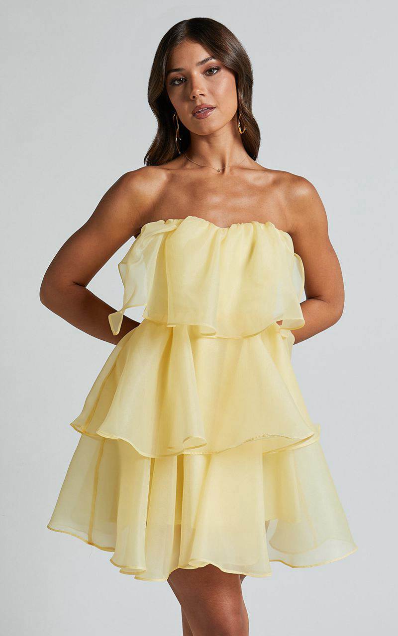 Showpo Ritta Mini Dress - Strapless Layered Dress Yellow | DMSYBL840