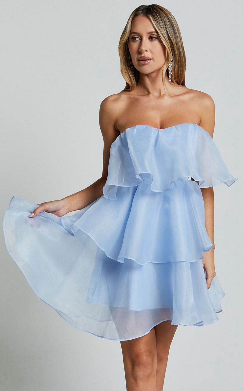 Showpo Ritta Mini Dress - Strapless Layered Dress Soft Blue | UITBME204