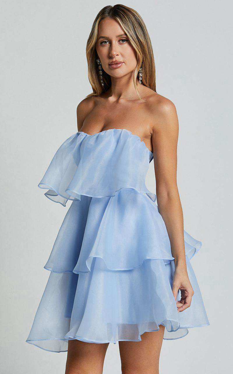 Showpo Ritta Mini Dress - Strapless Layered Dress Soft Blue | UITBME204