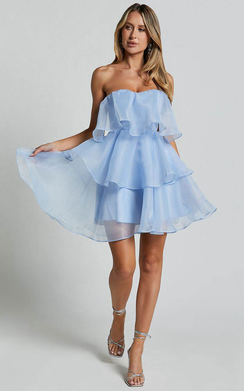 Showpo Ritta Mini Dress - Strapless Layered Dress Soft Blue | UITBME204