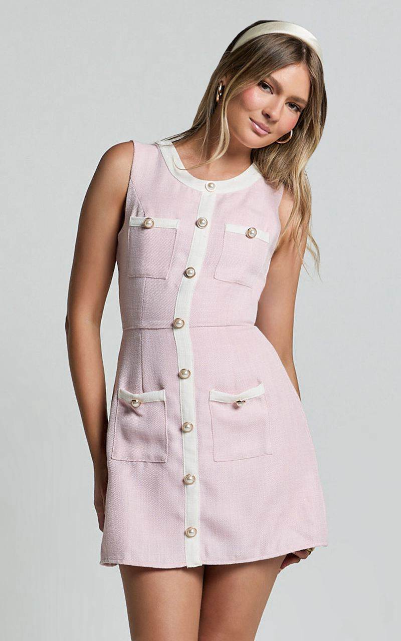 Showpo River Mini Dress - Boucle Button Through A Line Dress Light Pink | ESLHGK290