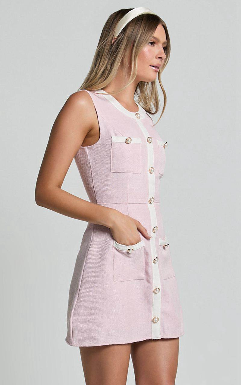 Showpo River Mini Dress - Boucle Button Through A Line Dress Light Pink | ESLHGK290