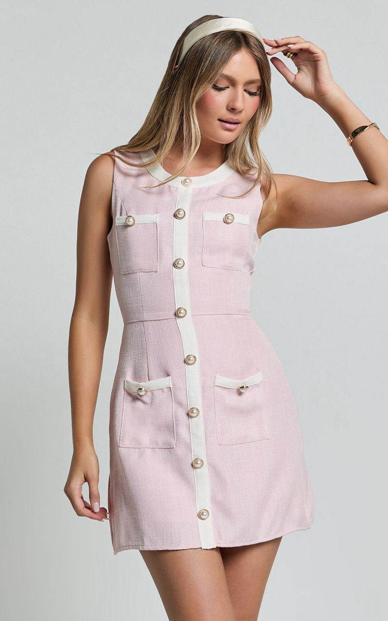 Showpo River Mini Dress - Boucle Button Through A Line Dress Light Pink | ESLHGK290