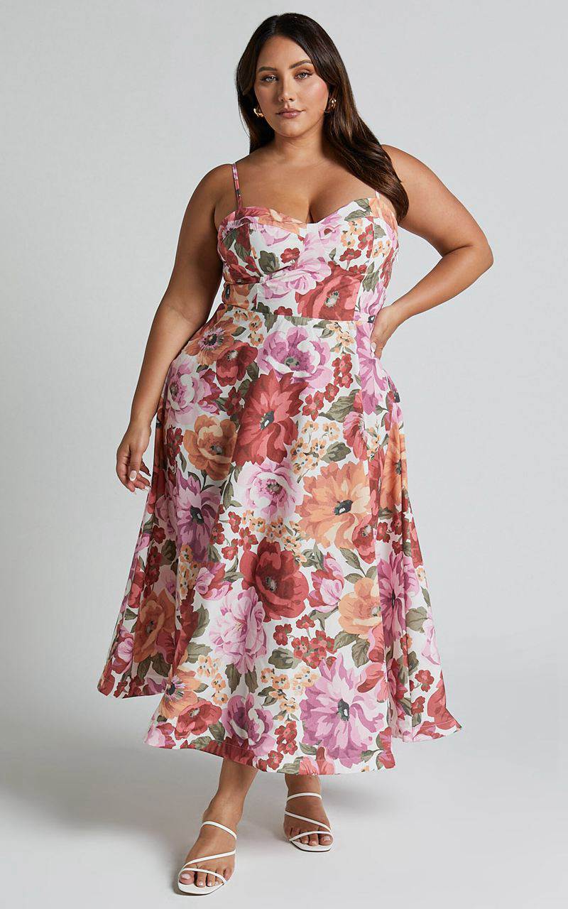 Showpo Robertson Midi Dress - Strappy Sweetheart Bustier Flare Dress Spring Floral | EGBFZC789