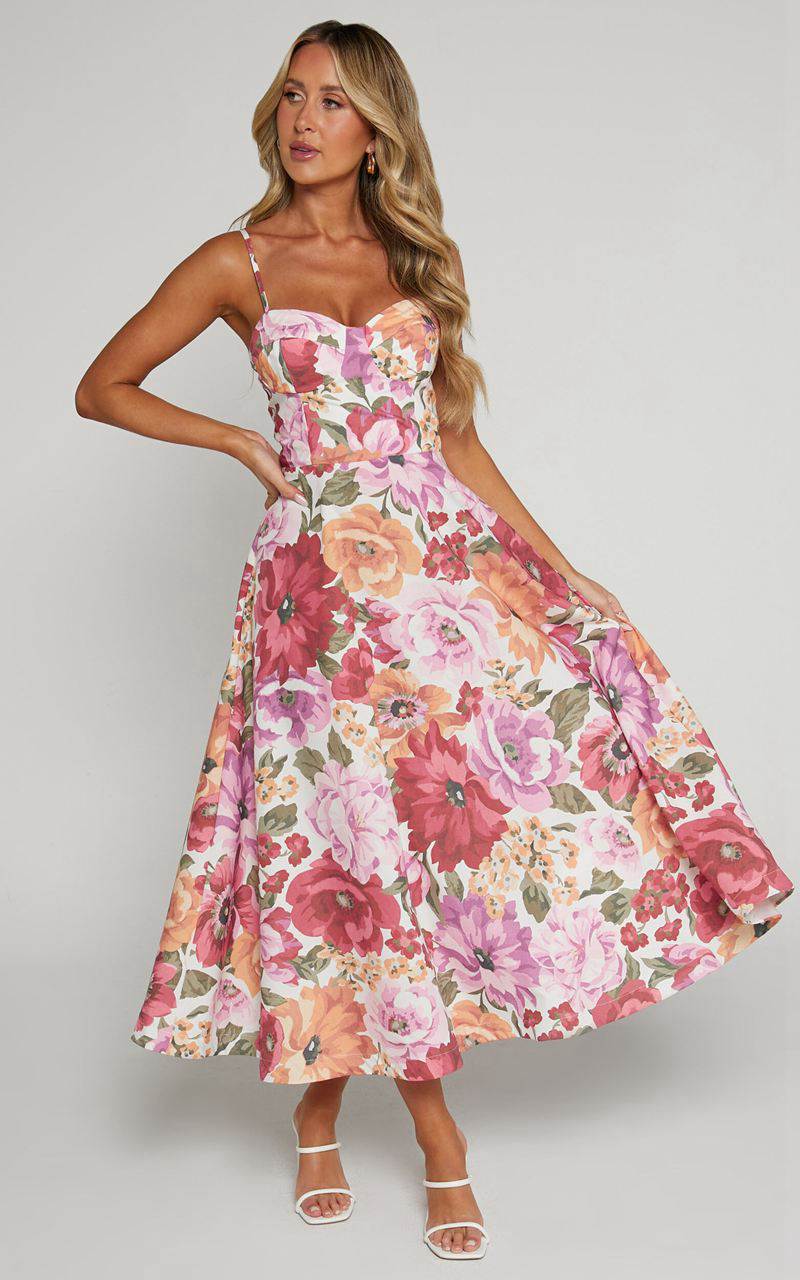 Showpo Robertson Midi Dress - Strappy Sweetheart Bustier Flare Dress Spring Floral | EGBFZC789