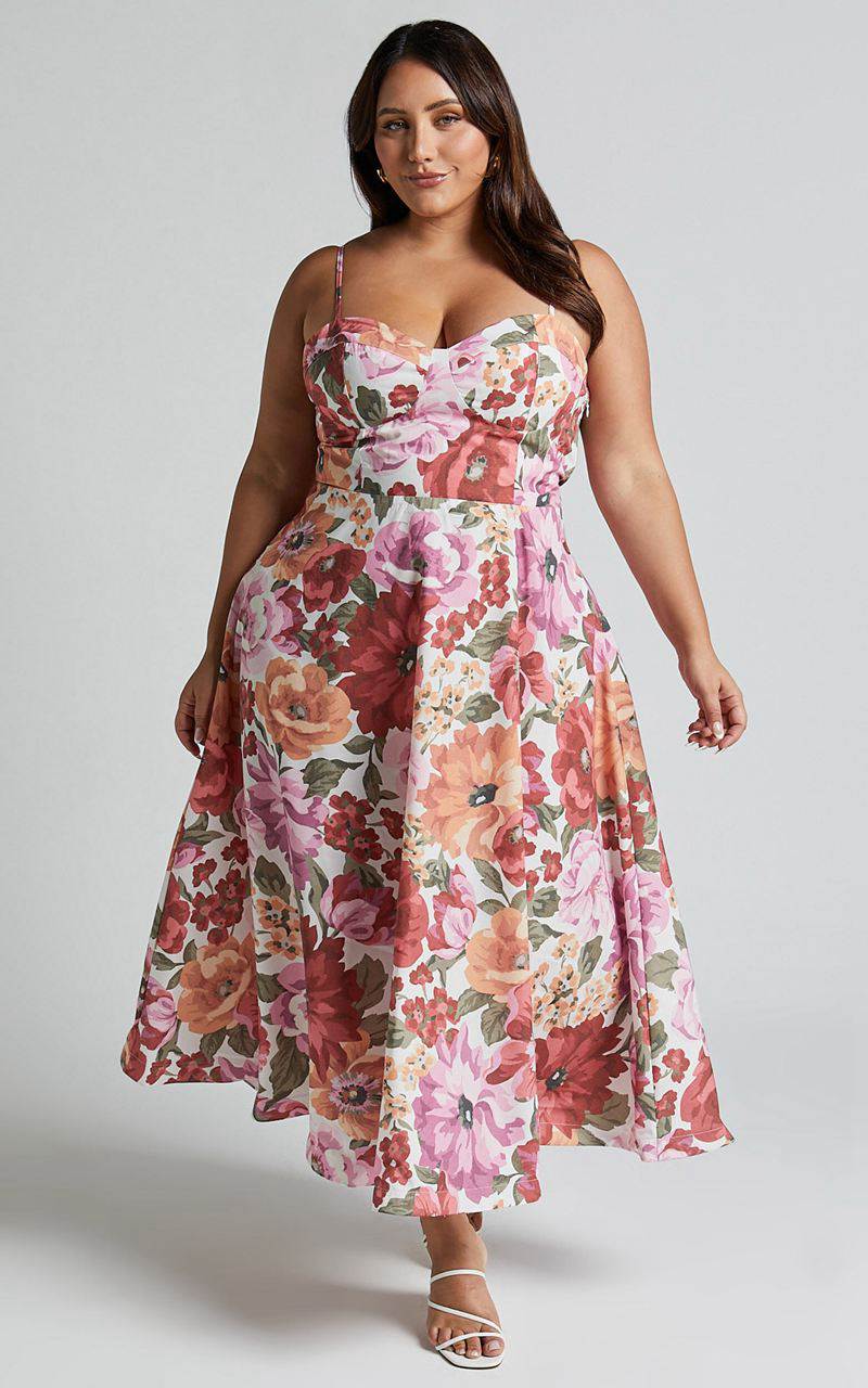 Showpo Robertson Midi Dress - Strappy Sweetheart Bustier Flare Dress Spring Floral | EGBFZC789