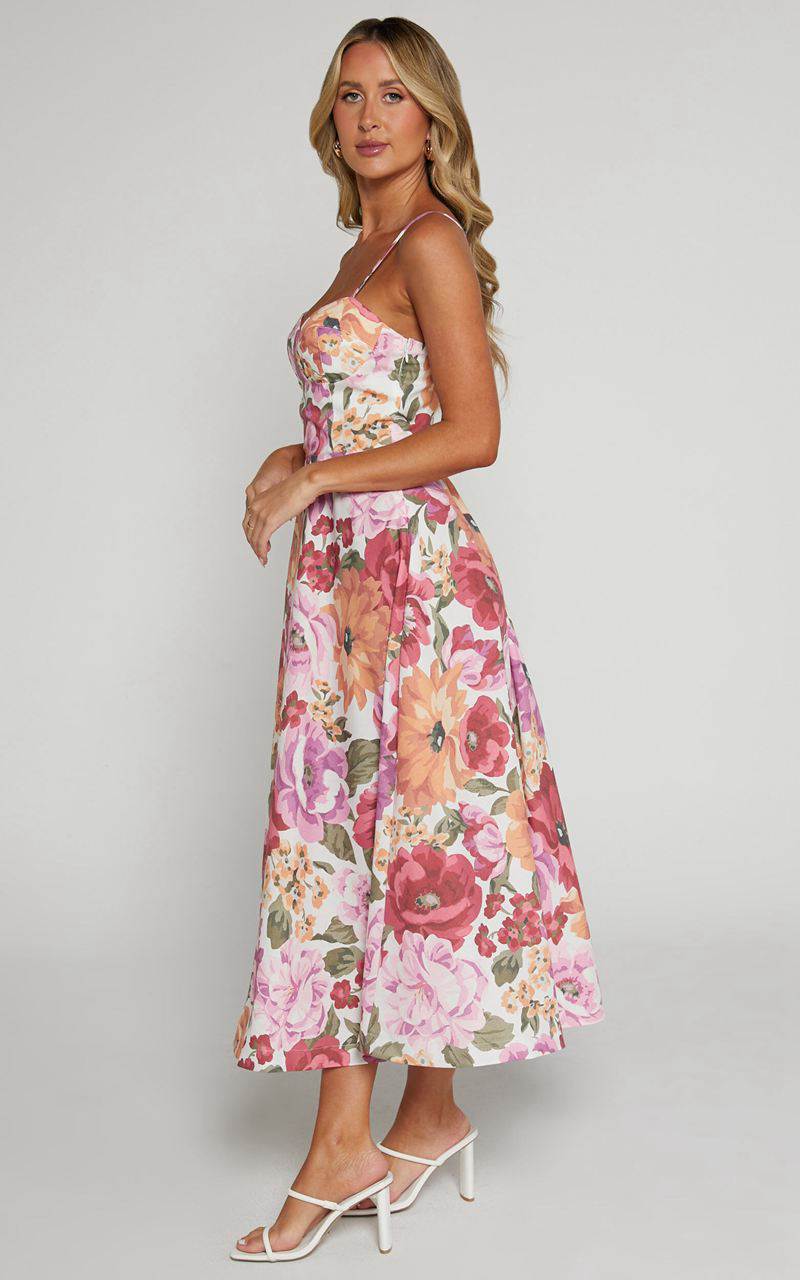 Showpo Robertson Midi Dress - Strappy Sweetheart Bustier Flare Dress Spring Floral | EGBFZC789