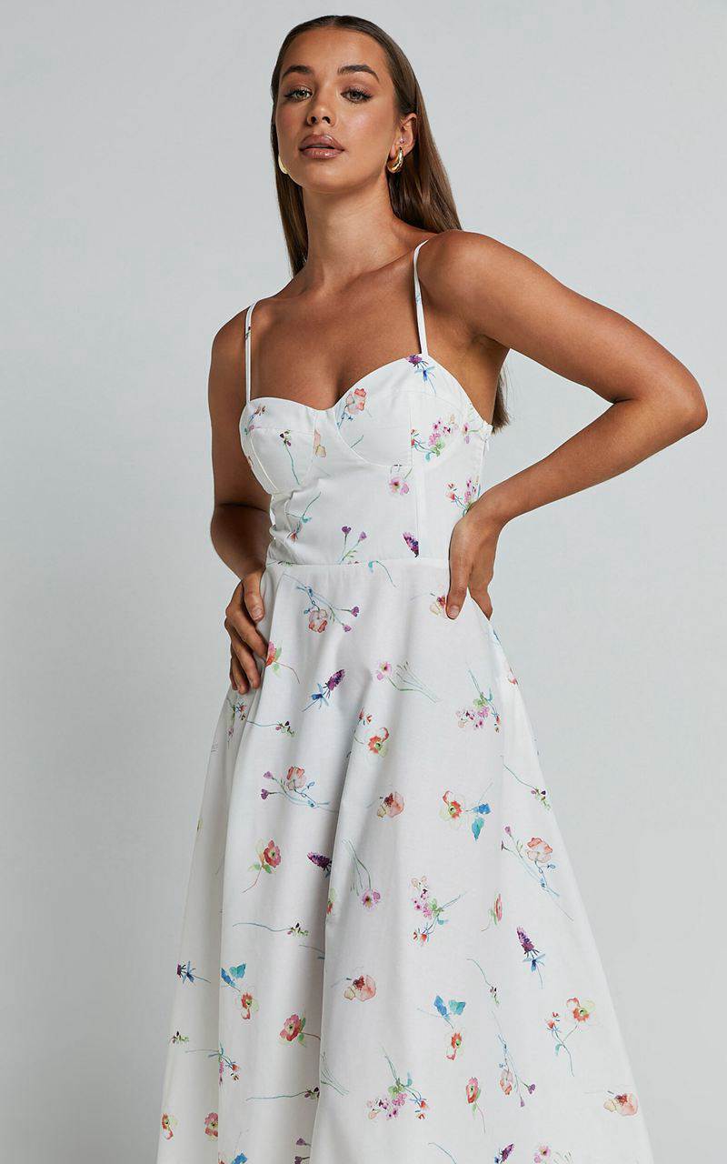 Showpo Robertson Midi Dress - Strappy Sweetheart Bustier Flare Dress Painterly Wild Flower | GZODAM652