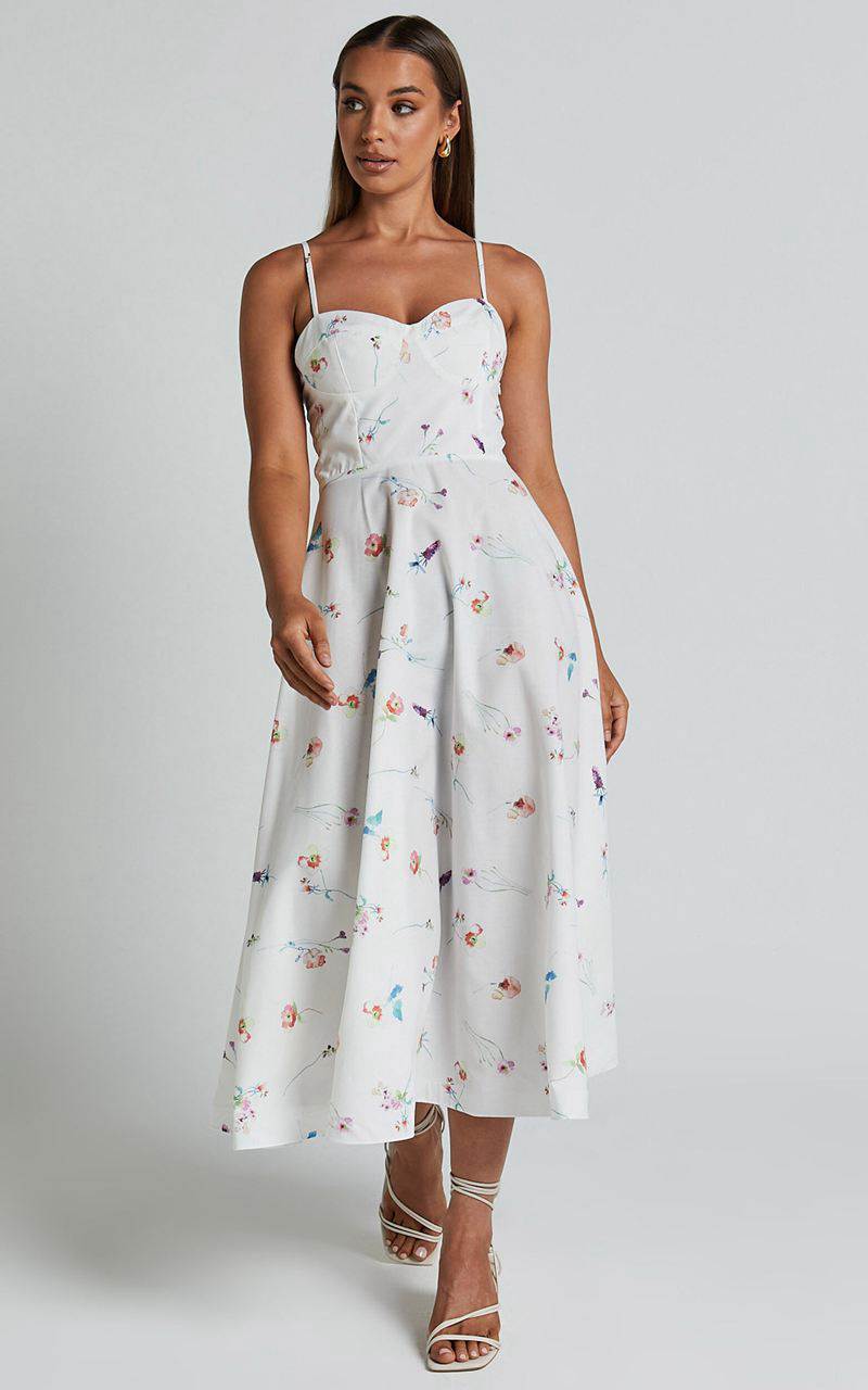 Showpo Robertson Midi Dress - Strappy Sweetheart Bustier Flare Dress Painterly Wild Flower | GZODAM652