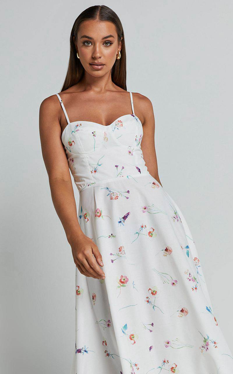 Showpo Robertson Midi Dress - Strappy Sweetheart Bustier Flare Dress Painterly Wild Flower | GZODAM652