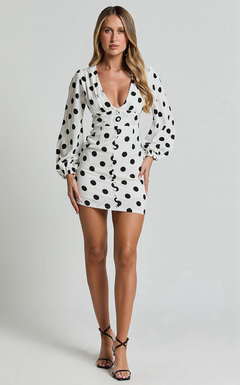 Showpo Robyn Mini Dress - Long Balloon Sleeve Plunge Neck Mini Dress Black Spot | RHLZPC498