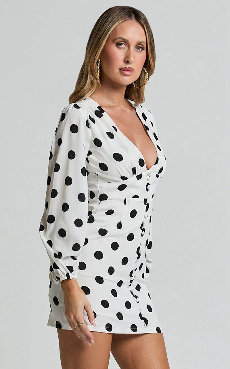 Showpo Robyn Mini Dress - Long Balloon Sleeve Plunge Neck Mini Dress Black Spot | RHLZPC498