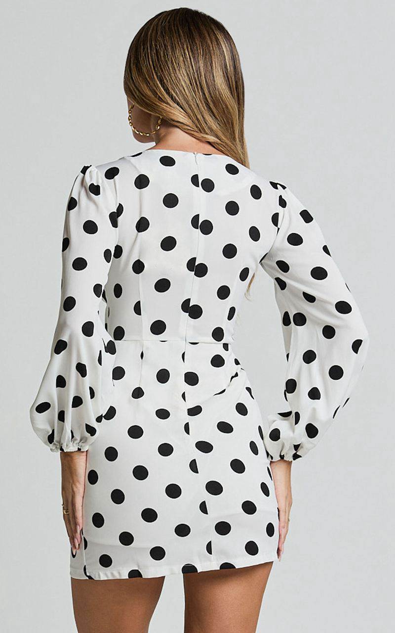 Showpo Robyn Mini Dress - Long Balloon Sleeve Plunge Neck Mini Dress Black Spot | RHLZPC498