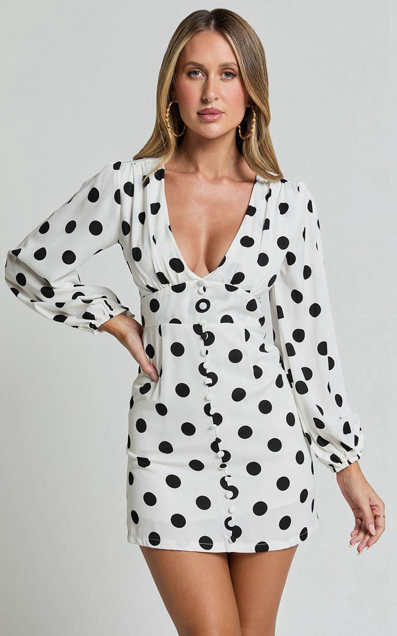 Showpo Robyn Mini Dress - Long Balloon Sleeve Plunge Neck Mini Dress Black Spot | RHLZPC498