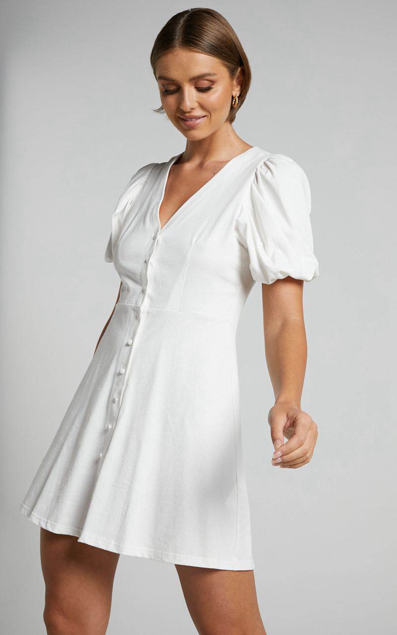 Showpo Rochelle Mini Dress - V Neck Button Through Dress White | XRYENI769