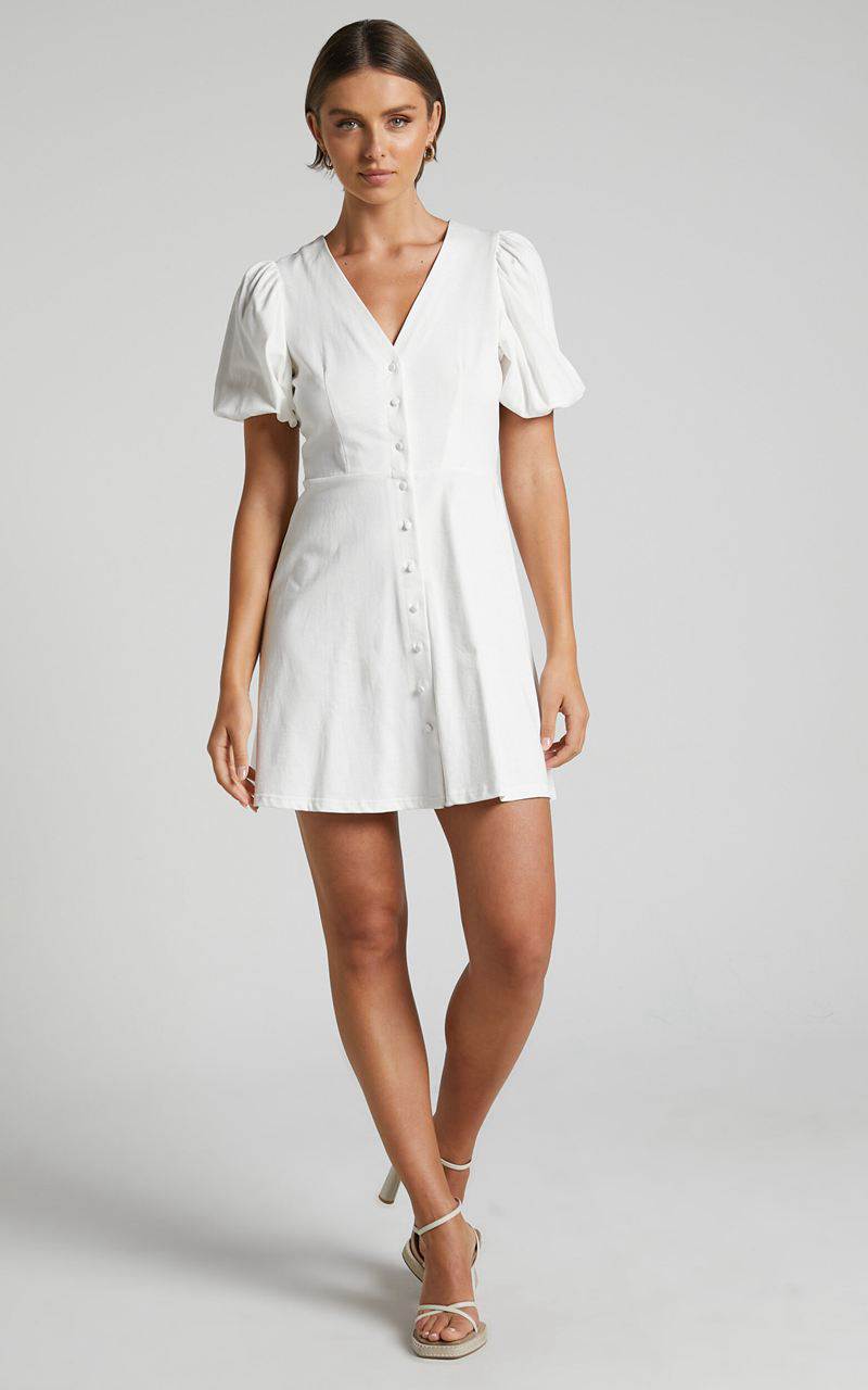 Showpo Rochelle Mini Dress - V Neck Button Through Dress White | XRYENI769