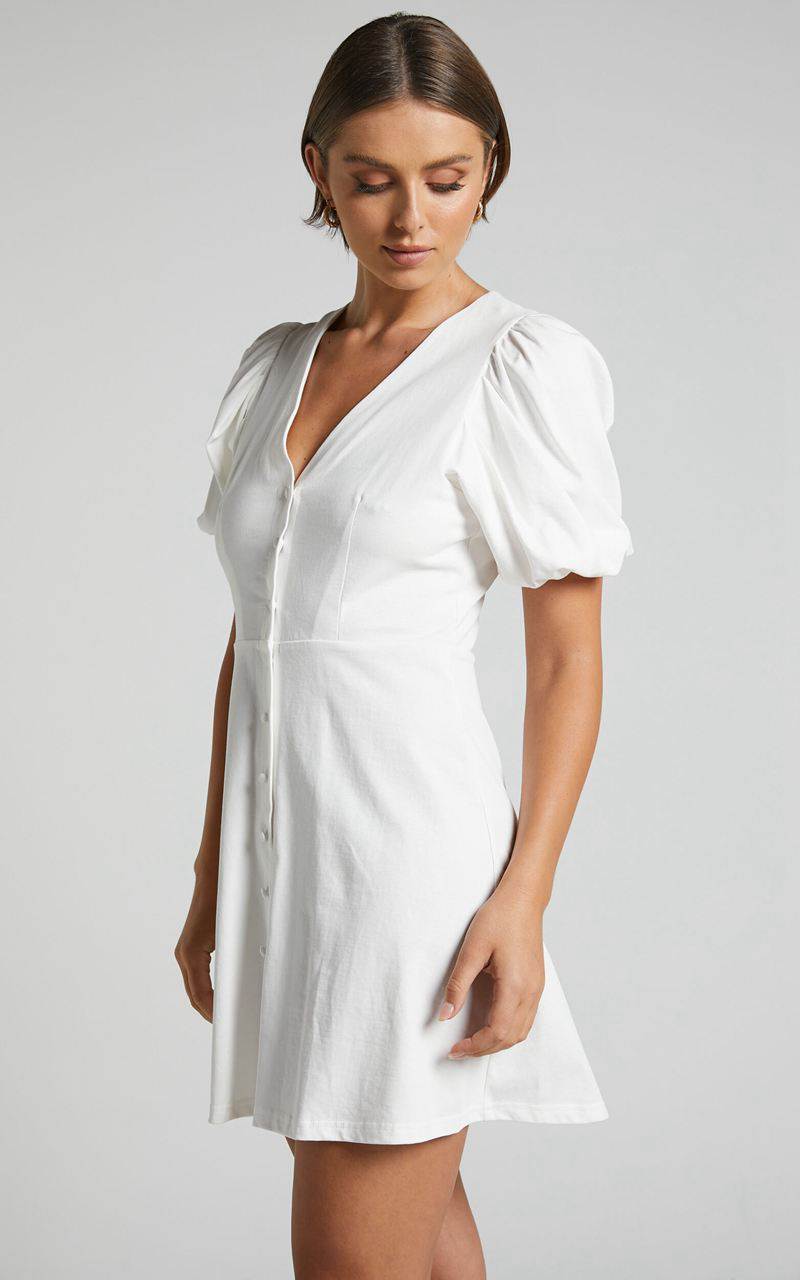 Showpo Rochelle Mini Dress - V Neck Button Through Dress White | XRYENI769