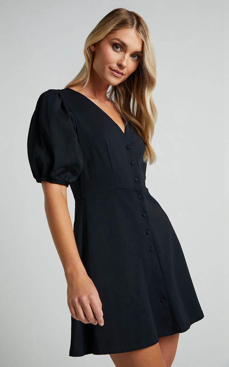 Showpo Rochelle Mini Dress - V Neck Button Through Dress Black | AWRQOC726